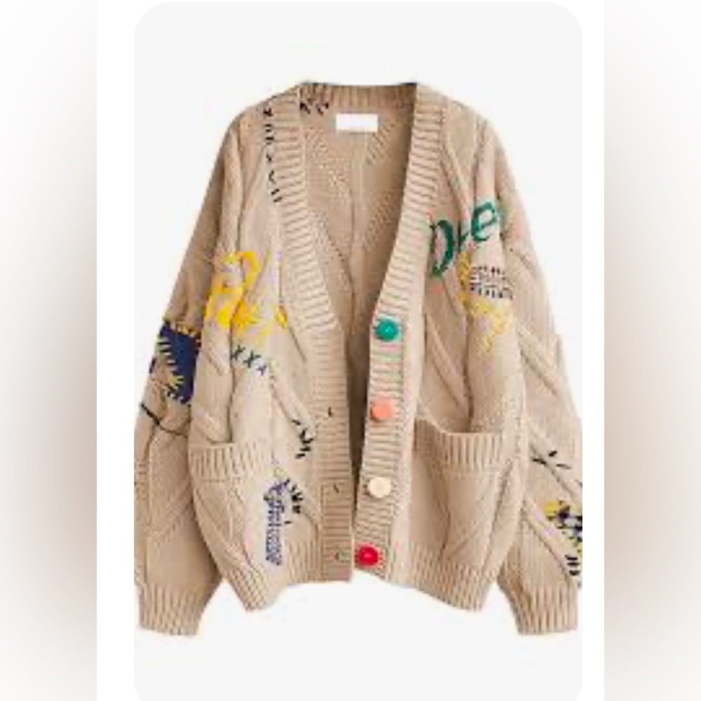 Boho Free People Inspired Ebossy Tan Embroidered Cable Knit Jacquard Cardigan m